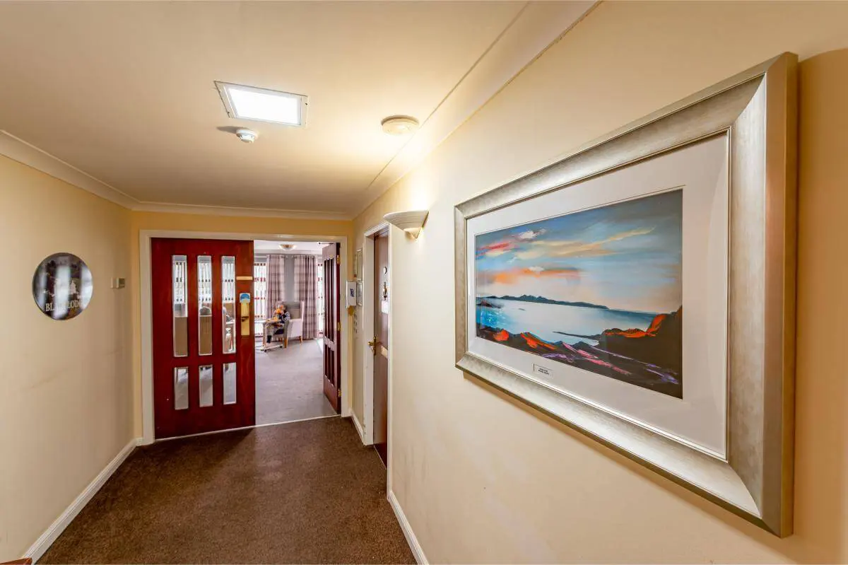 Corridor at Spiers Care Home with local Scottish photography.
