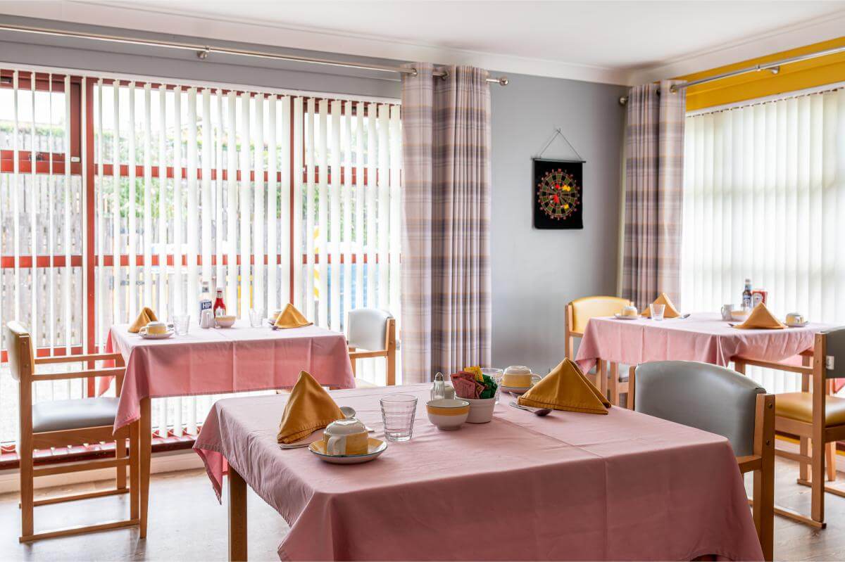Tables in Spiers Care Home laid ready for lunch.